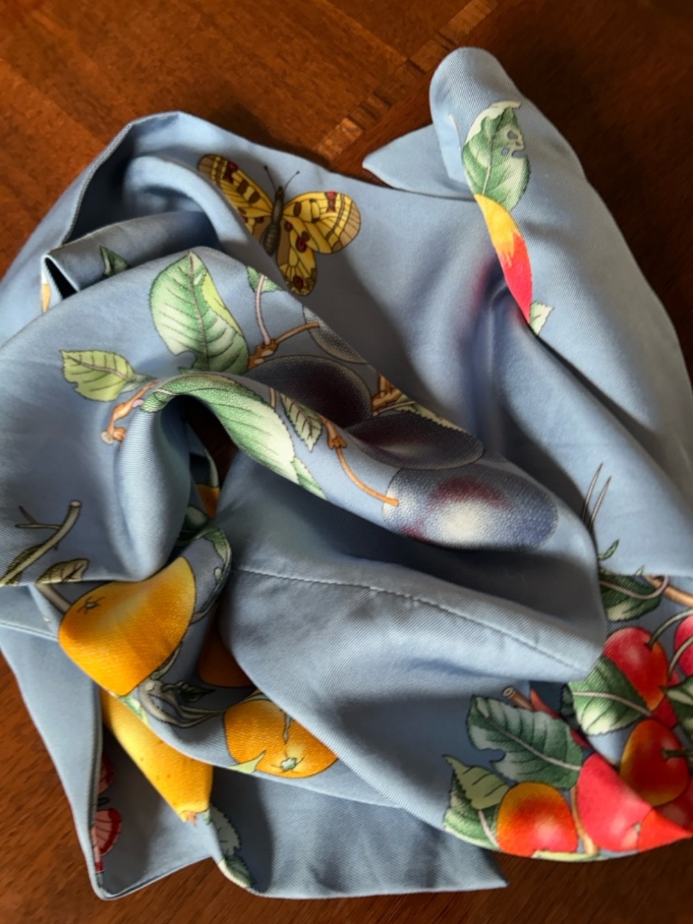 Blue Fruit & Butterfly Silk Scarf 5” x 60” by J McLaughlin - Picture 8 of 9
